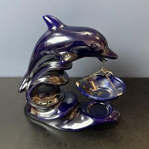Dolphin Tea Light Candle Holder Wax Melt Made in Poland Iridescent Dark‎ Blue